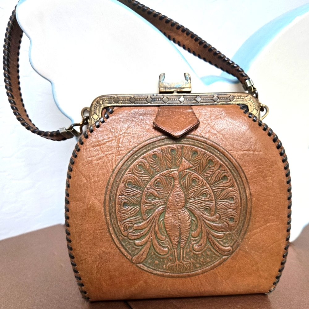 Antique Reedcraft Leather Peacock Embossed Bag